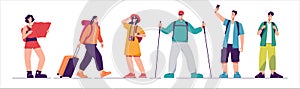 Set of tourists characters, traveling people. Vector illustration on the subject of summer vacation, adventures, hiking