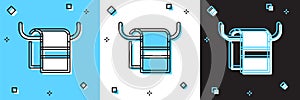 Set Towel on a hanger icon isolated on blue and white, black background. Bathroom towel icon. Vector