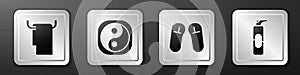 Set Towel on a hanger, Yin Yang, Slipper and Spray can for hairspray icon. Silver square button. Vector