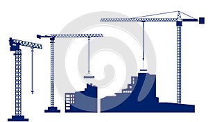 Set tower crane builds a house. Dark blue silhouettes of buildin