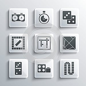 Set Toy building block bricks, Board game, Rubik cube, Bingo, Domino, Time chess clock and Game dice icon. Vector