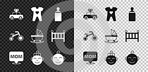 Set Toy car, Baby clothes, bottle, Speech bubble mom, Little girl head, boy, Bicycle for kids and stroller icon. Vector