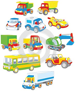 Set of toy cars, trucks and buses