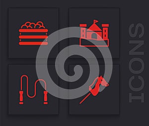 Set Toy horse, Pool with balls, Sand castle and Jump rope icon. Vector
