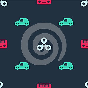 Set Toy piano, Fidget spinner and car on seamless pattern. Vector