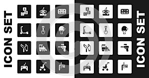 Set Toy piano, Shovel toy, Scooter, ABC blocks, Racket and ball, Robot, Ray gun and Slingshot icon. Vector