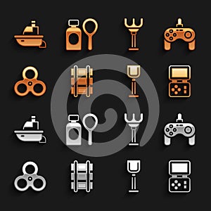 Set Toy railway, Gamepad, Tetris electronic game, Shovel toy, Fidget spinner, Rake, boat and Soap bubbles bottle icon