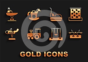 Set Toy train, Climbing wall, Seesaw, Swing, plane, Bumper car, boat and Horse saddle swing icon. Vector