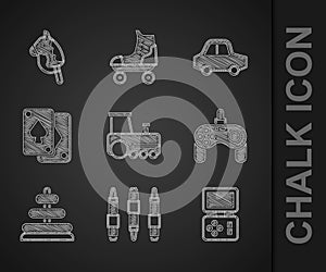 Set Toy train, Marker pen, Tetris electronic game, Gamepad, Pyramid toy, Playing cards, and horse icon. Vector
