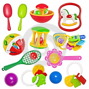 Set of toys colorful baby rattle isolated