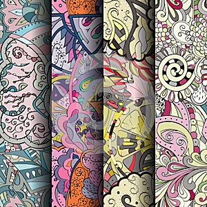 Set of tracery colorful seamless patterns. Curved doodling backgrounds for textile or printing with mehndi and ethnic motives