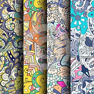 Set of tracery colorful seamless patterns. Curved doodling backgrounds for textile or printing with mehndi and ethnic motives