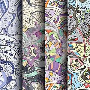 Set of tracery colorful seamless patterns. Curved doodling backgrounds for textile or printing with mehndi and ethnic motives