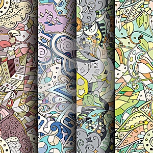 Set of tracery colorful seamless patterns. Curved doodling backgrounds for textile or printing with mehndi and ethnic motives