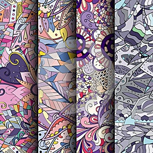 Set of tracery colorful seamless patterns. Curved doodling backgrounds for textile or printing with mehndi and ethnic motives