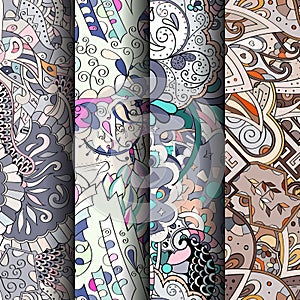 Set of tracery colorful seamless patterns. Curved doodling backgrounds for textile or printing with mehndi and ethnic motives