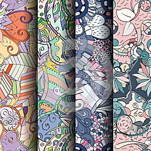 Set of tracery colorful seamless patterns. Curved doodling backgrounds for textile or printing with mehndi and ethnic motives