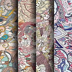 Set of tracery colorful seamless patterns. Curved doodling backgrounds for textile or printing with mehndi and ethnic motives