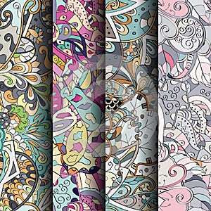 Set of tracery colorful seamless patterns. Curved doodling backgrounds for textile or printing with mehndi and ethnic motives