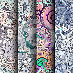 Set of tracery colorful seamless patterns. Curved doodling backgrounds for textile or printing with mehndi and ethnic motives