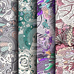 Set of tracery colorful seamless patterns. Curved doodling backgrounds for textile or printing with mehndi and ethnic motives