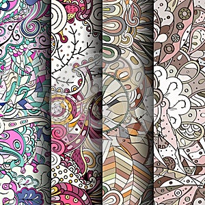 Set of tracery colorful seamless patterns. Curved doodling backgrounds for textile or printing with mehndi and ethnic motives