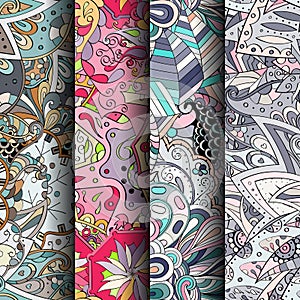 Set of tracery colorful seamless patterns. Curved doodling backgrounds for textile or printing with mehndi and ethnic motives