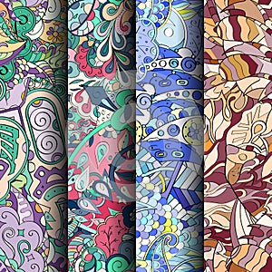 Set of tracery colorful seamless patterns. Curved doodling backgrounds for textile or printing with mehndi and ethnic motives