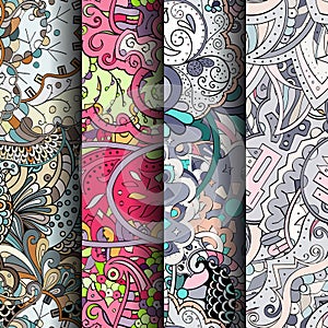 Set of tracery colorful seamless patterns. Curved doodling backgrounds for textile or printing with mehndi and ethnic motives