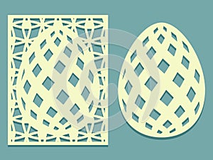 Set of Tracery Eggs with grid pattern. Laser cutting oval and rectangle card template. Happy Easter egg with mesh pattern.