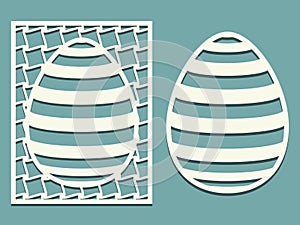 Set of Tracery Eggs with horizontal striped pattern. Laser cutting oval and rectangle card template. Happy Easter egg with stripe