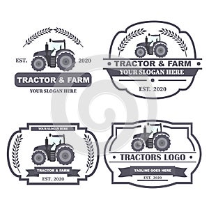 Set Tractor logo. Organic food fresh design. Nature eco field label.