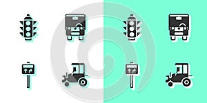 Set Tractor, Traffic light, Road traffic signpost and Bus icon. Vector