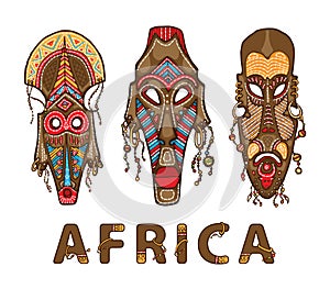 Set of traditional african masks. Decorative inscription Africa