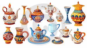 Set of traditional arab utensils isolated on white background. Cartoon illustration of vintage teapot, glass cups