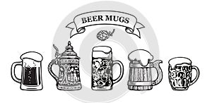 Set of traditional beer mugs. Vector illustration.
