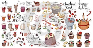 Set with traditional Christmas food and desserts isolated on white. Contour, hand drawn