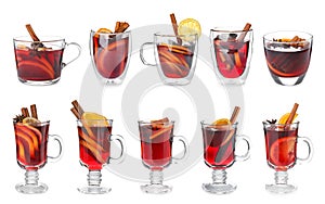 Set of traditional Christmas mulled wine in different glasses