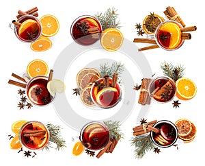 Set of traditional Christmas mulled wine in glasses on white background