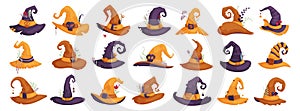 Set of Traditional headdress of magicians, sorcerers, druids and witches in purple, yellow and brown colors and small