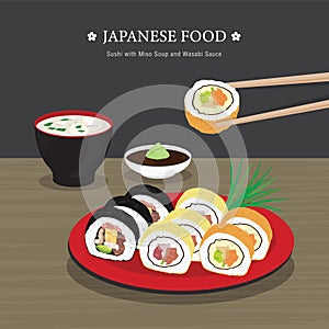 Set of Traditional Japanese food, Sushi Roll with Miso Soup and Wasabi Sauce. Cartoon Vector illustration