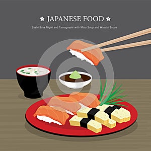 Set of Traditional Japanese food, Sushi Sake Nigiri and Tamagoyaki with Miso Soup and Wasabi Sauce. Cartoon Vector illustration