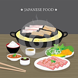 Set of Traditional Japanese food, Yakiniku version of Korean BBQ. Raw beef and pork slice cooking barbeque and grilled. Cartoon Ve