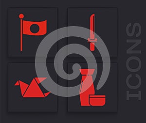 Set Traditional Japanese tea ceremony, National flag of Japan on pole, Japanese katana and Origami bird icon. Vector