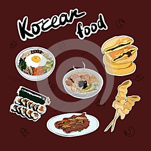 Set of traditional Korean dishes stickers. Bibimbap, guksu, gimbap, oden, galbi-gui, hotteok photo
