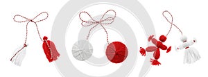 Set with traditional martenitsi in different shapes on white background, banner design. Symbol of first spring day Martisor