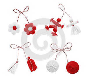 Set with traditional martenitsi in different shapes on white background. Symbol of first spring day Martisor celebration