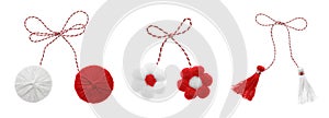 Set with traditional martenitsi in different shapes on white background. Symbol of first spring day Martisor celebration