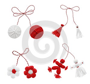 Set with traditional martenitsi in different shapes on white background. Symbol of first spring day Martisor celebration