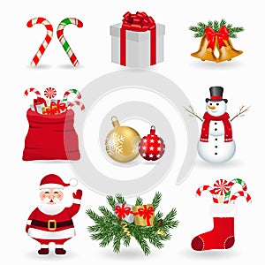 Set of traditional Merry Christmas and New Year symbols. Greeting card with tree branches, toys, santa claus, christmas stoking,